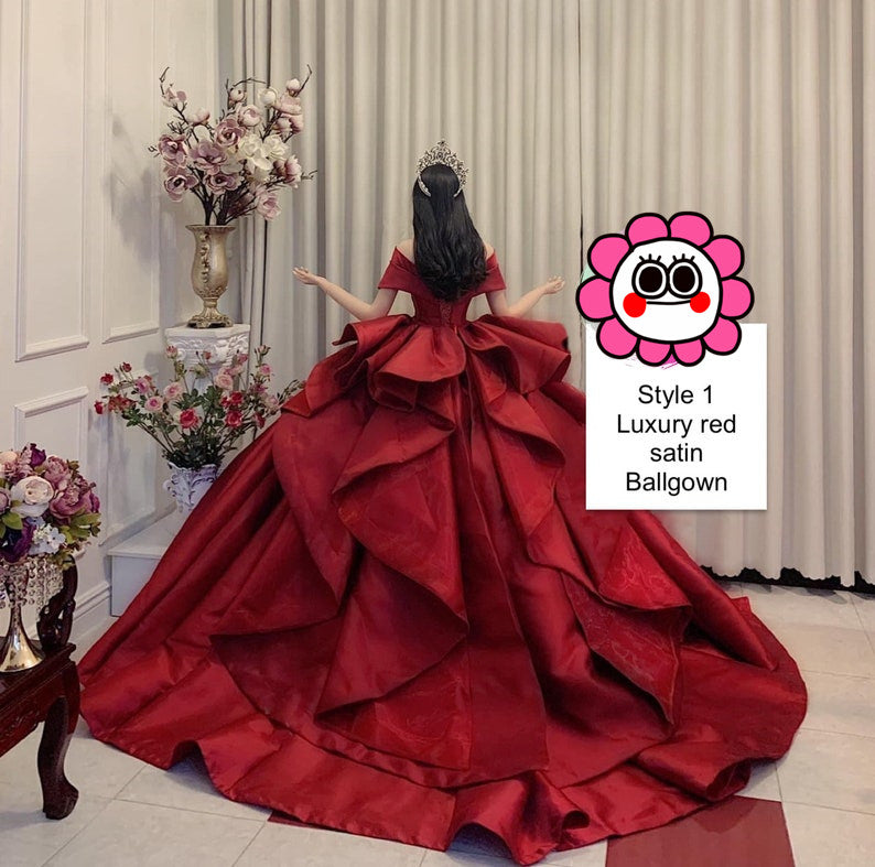 Charming red or white princess V neck satin ball gown wedding dress - various styles