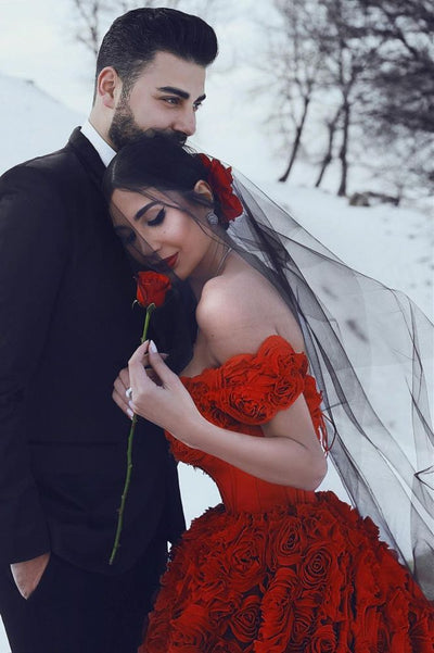 Off-the-Shoulder 3D Floral Printed Ball Gown for Girl Evening Dresses