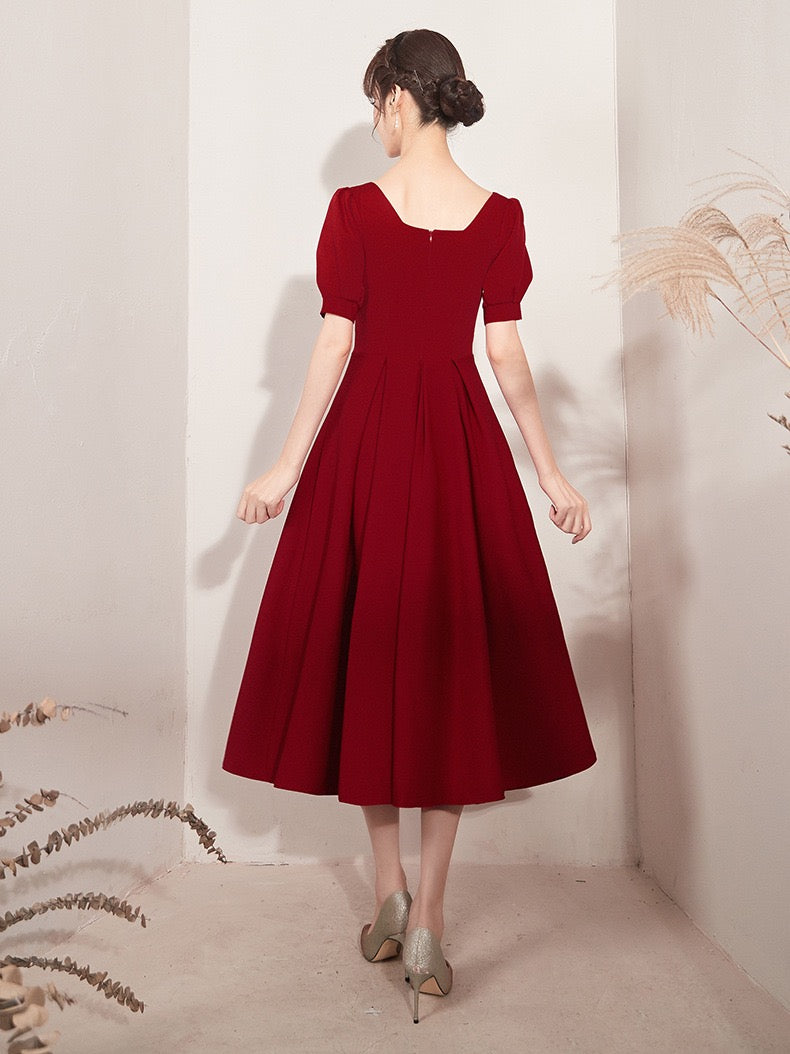 Burgundy party dress, short sleeve midi dress custom made prom dress