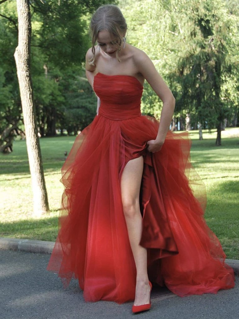 Strapless Red Tulle Long Prom Dresses Red Tulle Long Formal Evening Dresses