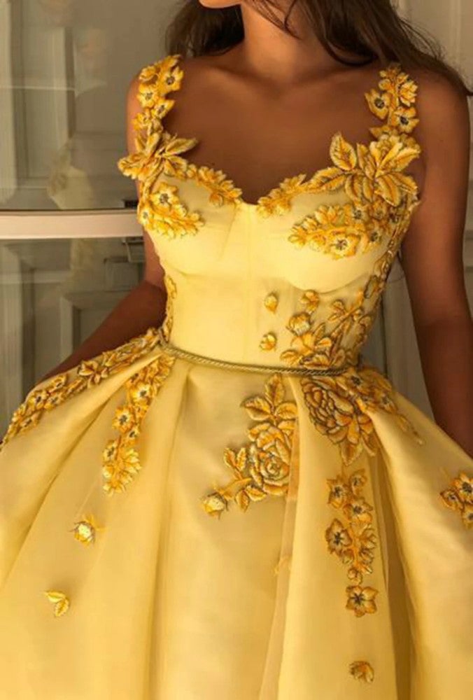 Fabulous Beautiful Straps Evening Dresses Long Yellow Prom Dresses with Appliques
