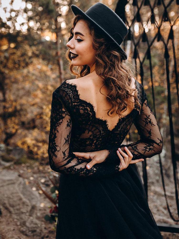 Black Long Sleeves Lace Evening Dress Tulle Party Dress