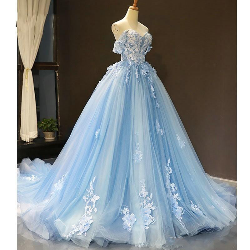 Sky Blue Prom Dresses Cheap 3D Flowers Applique Ball Gown Off Shoulder Corset Back Sweet 15 Quinceanera Dress
