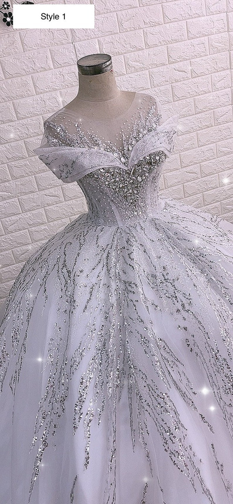 Luxurious white queen style sleeves beaded crystals sparkle ball gown wedding dress with glitter tulle