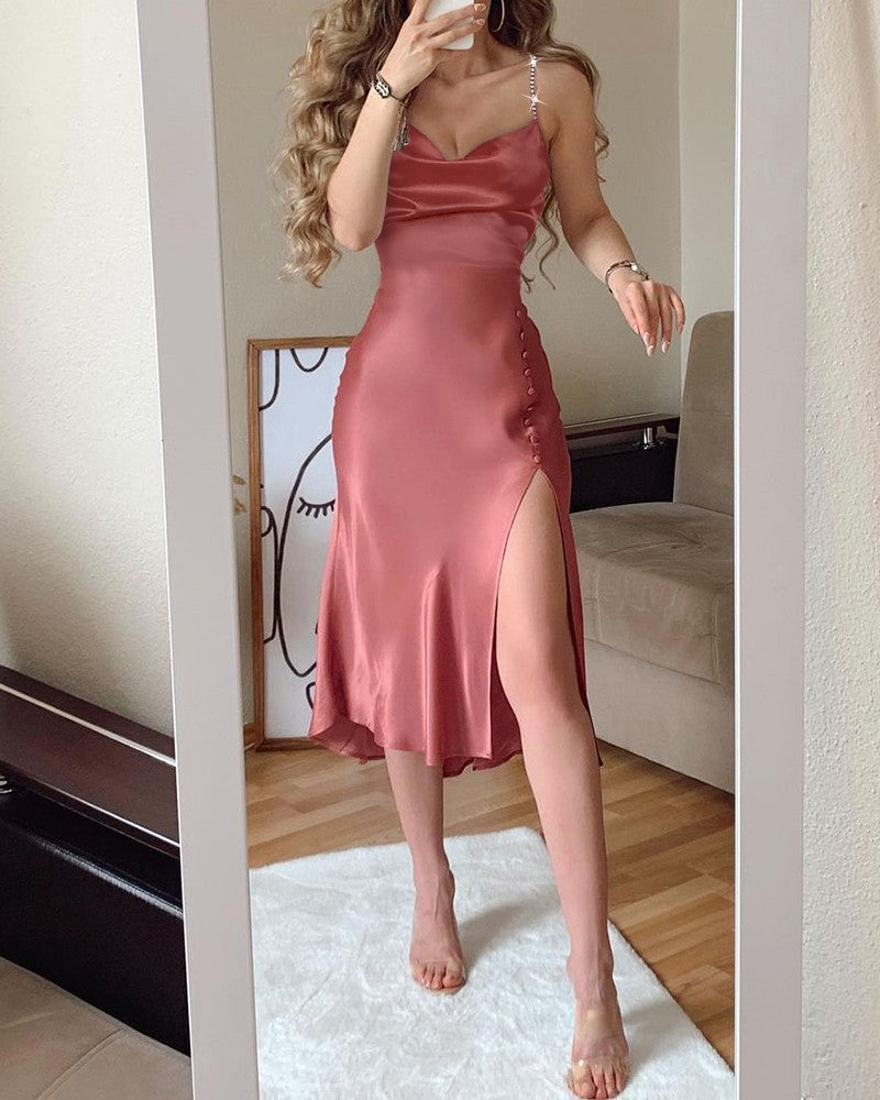 Studded Strap Buttoned Cowl Neck High Slit Satin Dress Party Dress