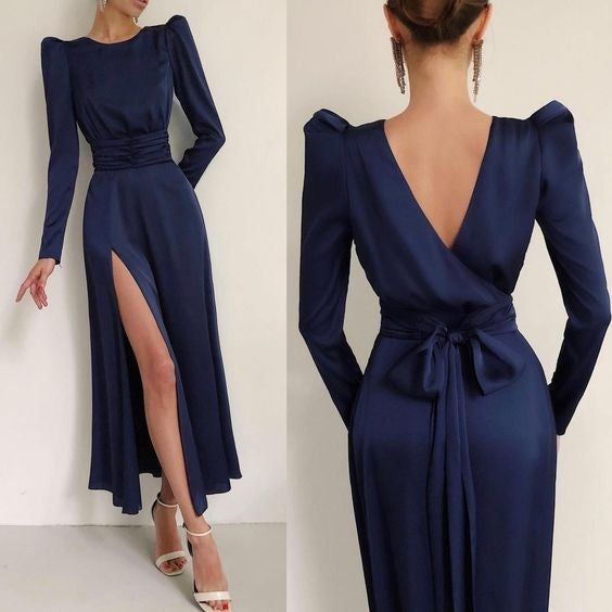 Women's Dresses Slit High Waist Long Sleeve Waist Tie Dress Navy Blue Prom Dress