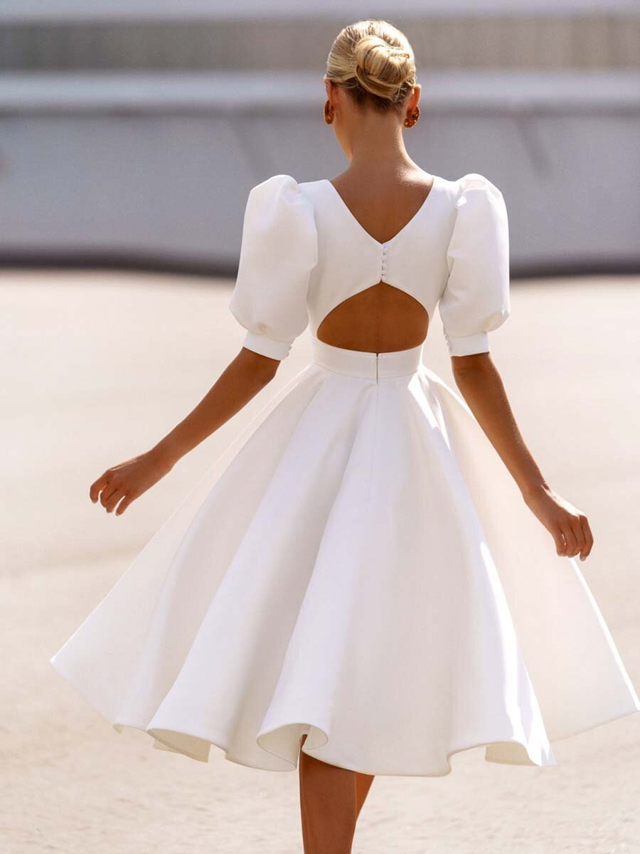 White Dress with Hollow Back Short Prom Dress , Somple Party Dress