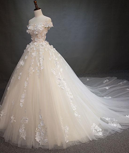White tulle lace applique long prom dress, white lace wedding dress