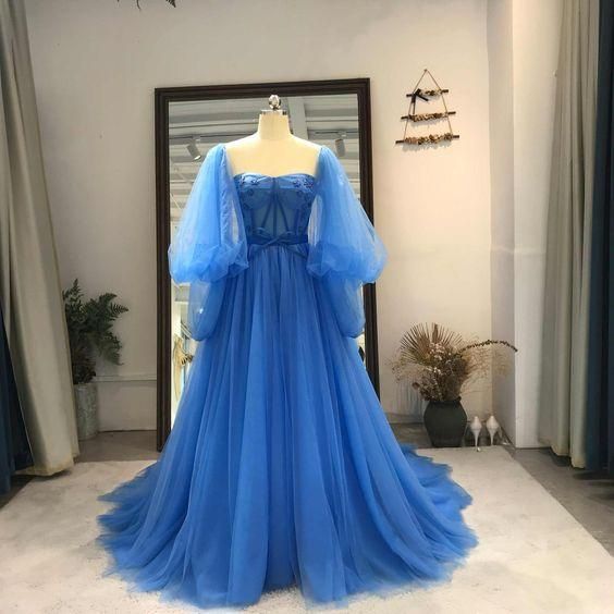 Blue Tulle Fashionable Sweetheart Long Party prom Dress