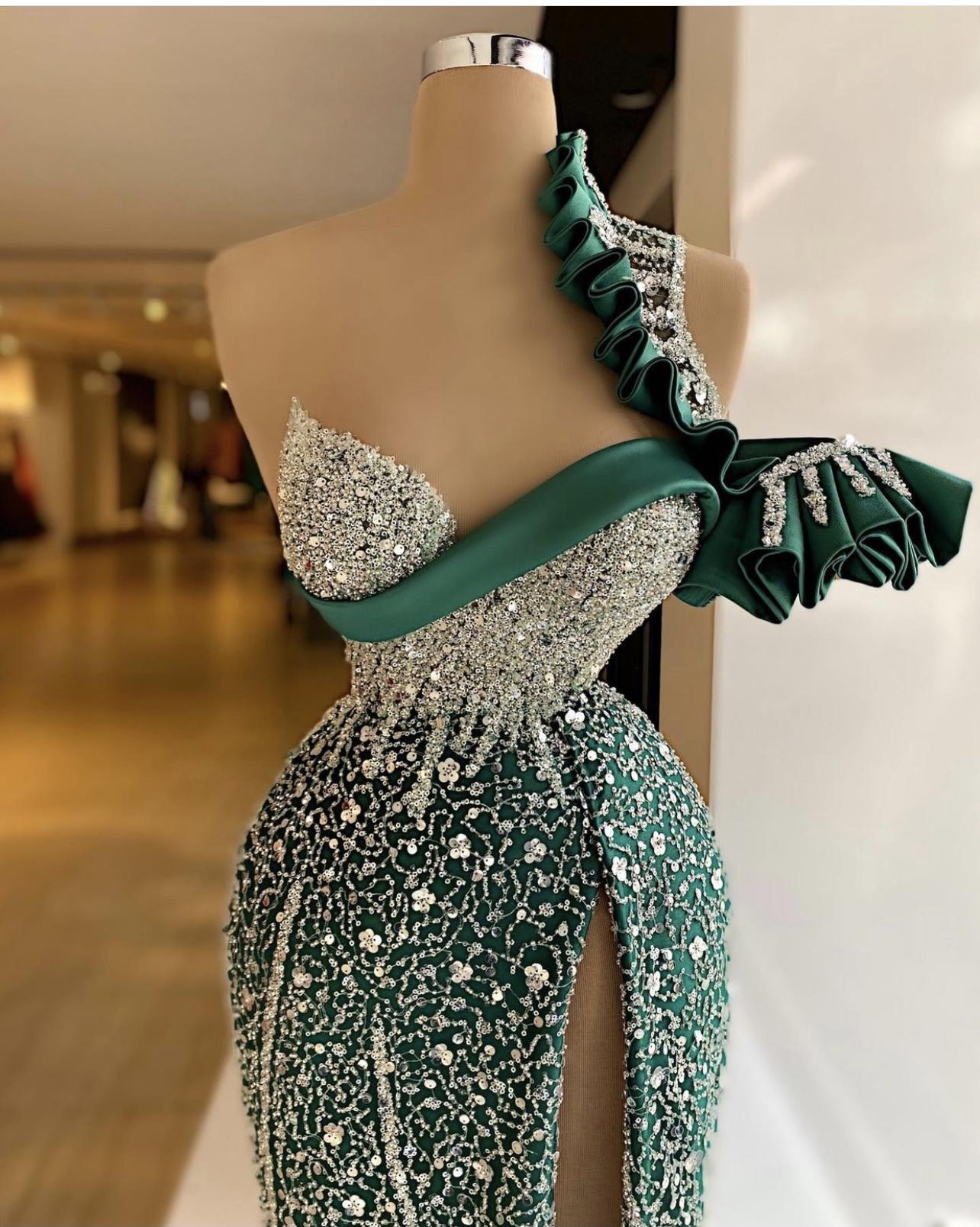 One Shoulder Green Mermaid Evening Dresses Crystal Beaded High Side Split Formal Prom Gowns Custom Made Plus Size Pageant Wear Party Dress