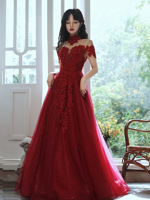 Luxury Burgundy High Neck Beading Evening Dress