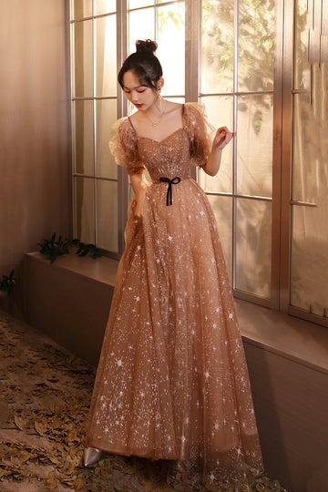 Elegant Champagne Evening Dresses Female Lanturn Sleeves Bow Lace Up Long French Style Ball Gowns
