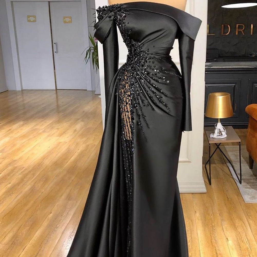 Sexy Black Long Satin Prom Dress Off The Shoulder See Through Beaded Top Pageant Women Party Dresses