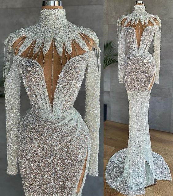White Arabic Split Prom Dresses Luxury Beading Sequined High Neck Long Sleeve Women Plus Size Formal Evening Gowns