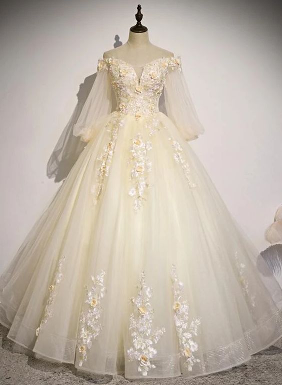 Beautiful Tulle Long Sleeves Floral Sweet 16 Gown, Party Gowns Prom Dress