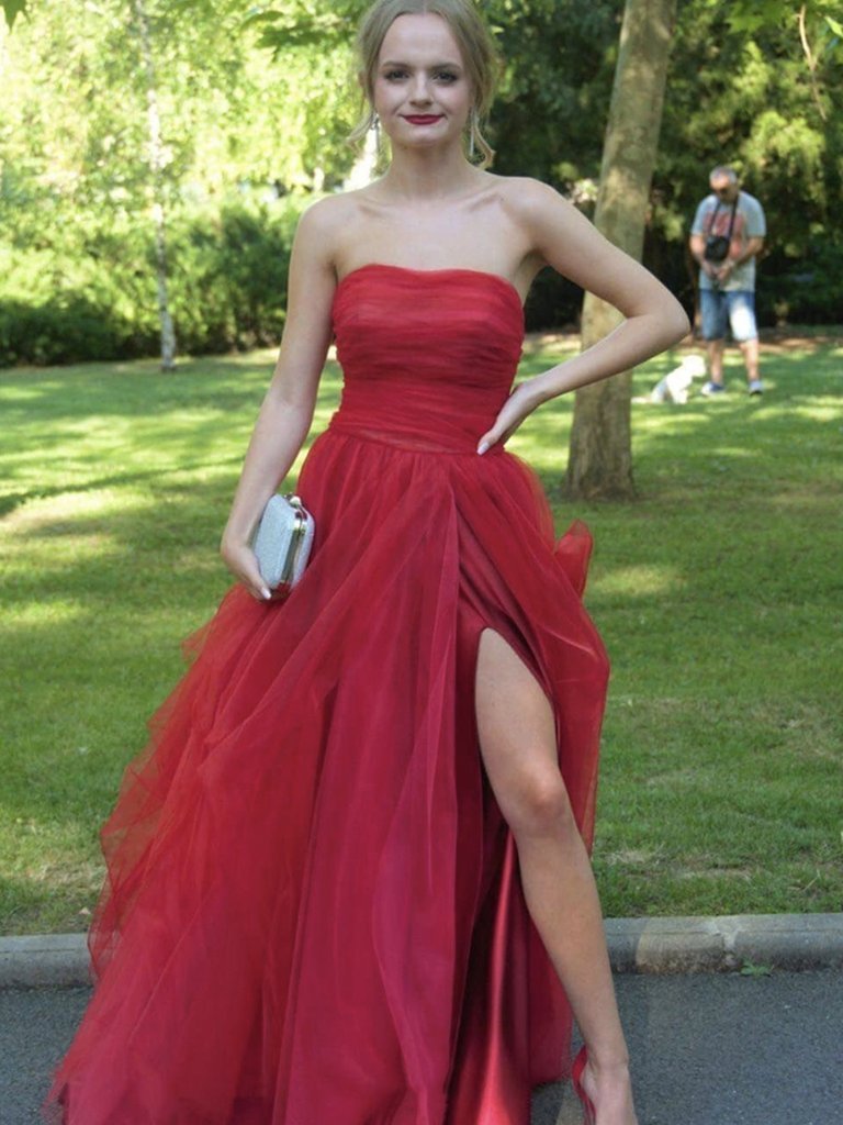 Strapless Red Tulle Long Prom Dresses Red Tulle Long Formal Evening Dresses