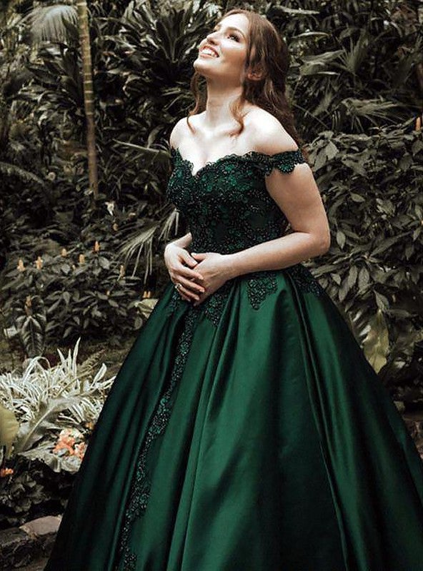 Classic Satin Dark Green Off Shoulder Sweetheart Ball Gown Prom Dress