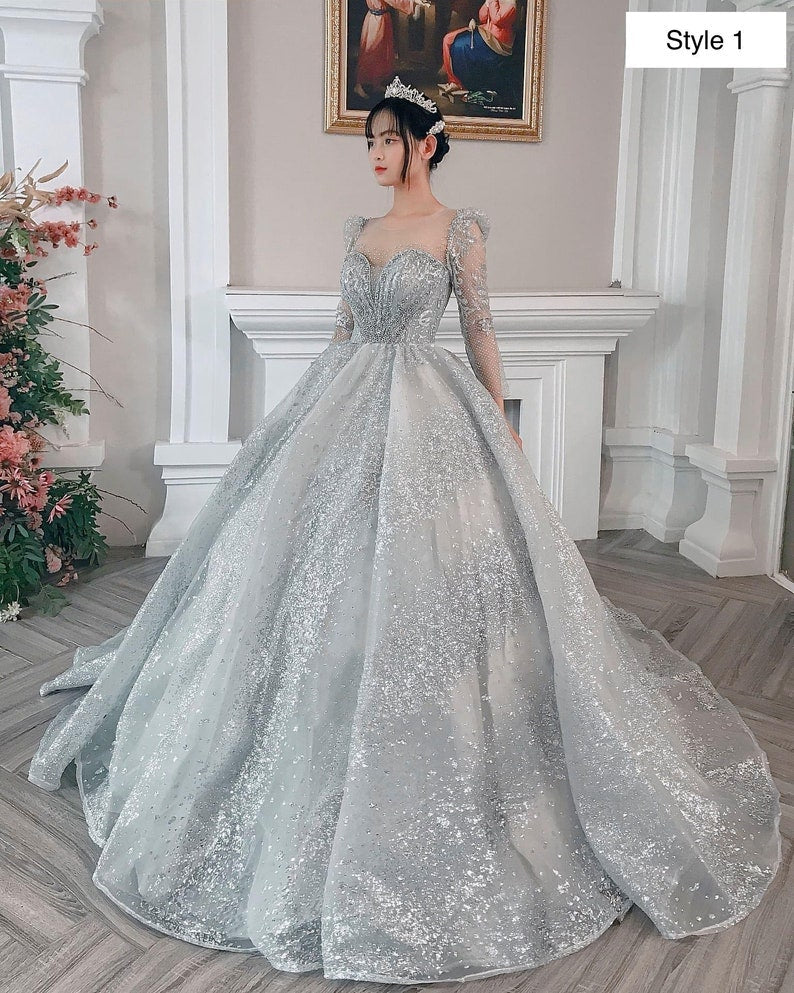 Modern sparkly grey/silver long or cap sleeves ball gown wedding/prom dress with glitter tulle