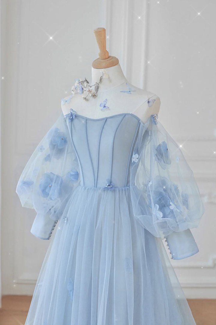 Blue tulle long sleeve prom dress blue evening dress