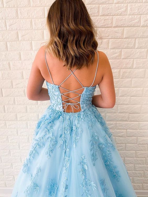 Light Blue Applique Lace up back Prom Dress
