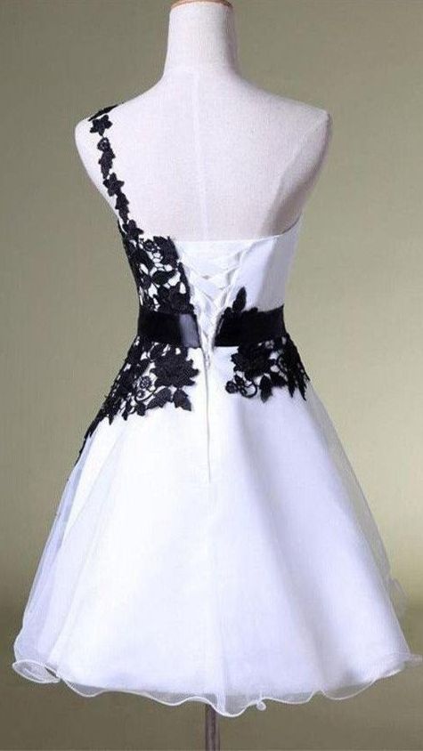 A Line One Shoulder White Homecoming Dress with Black Lace, Knee Length Party Dress