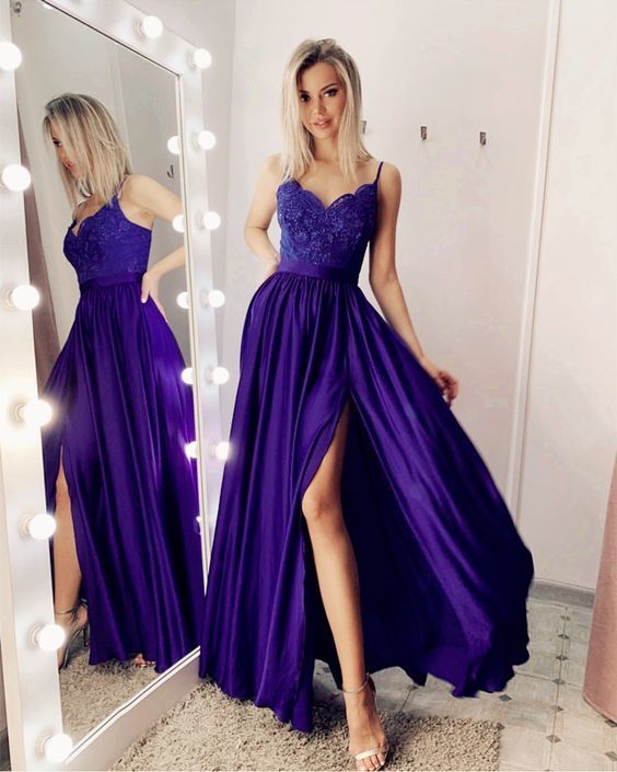 purple chiffon split prom dresses