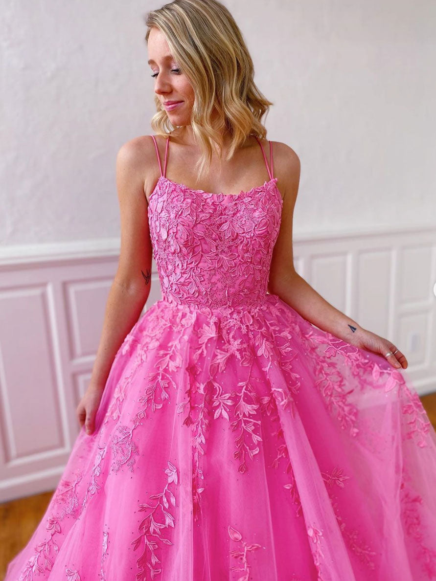 Hot Pink Tulle Lace Long Prom Dress Hot pink Tulle Lace Formal Dress