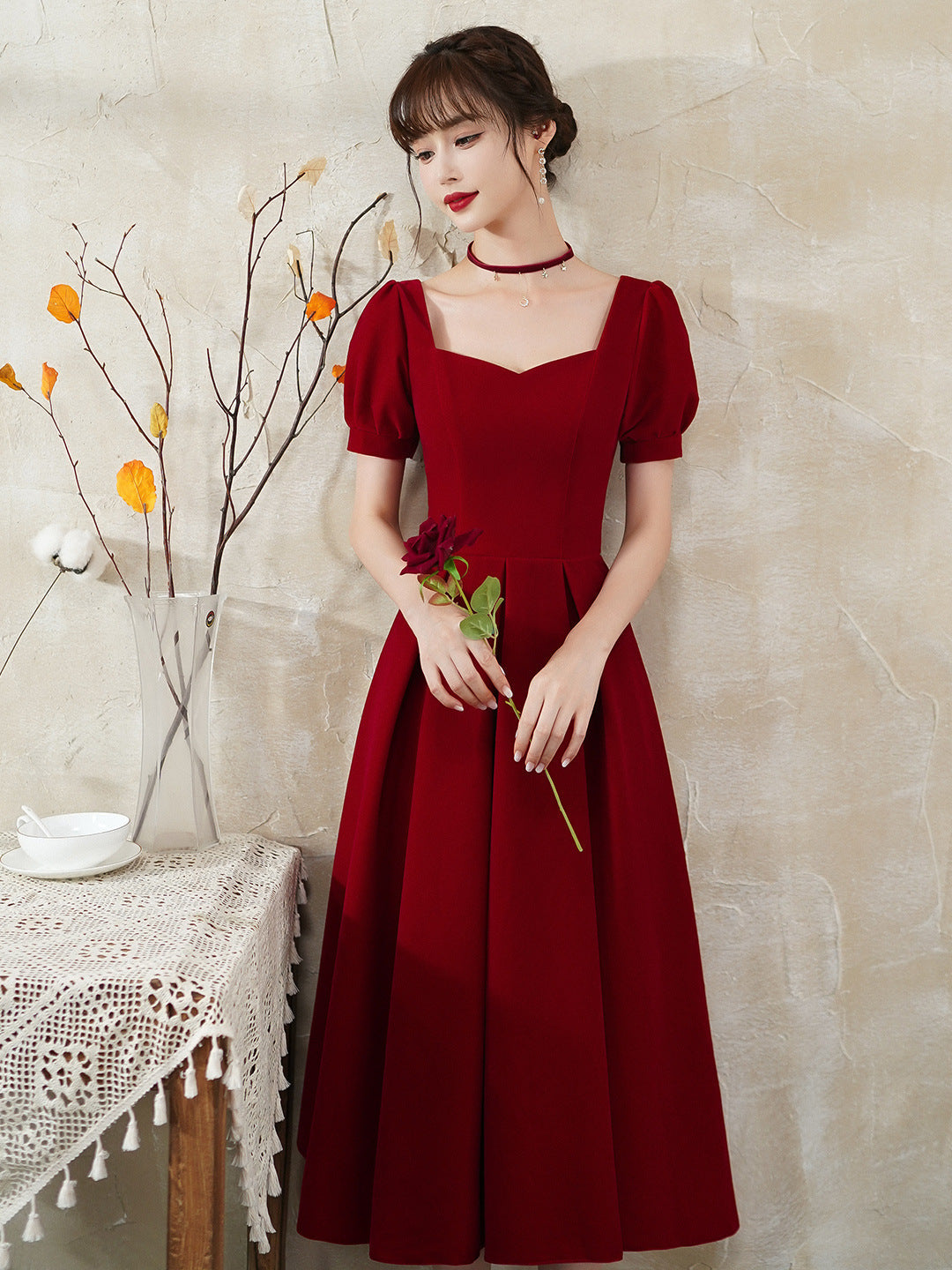 Burgundy party dress, short sleeve midi dress custom made prom dress