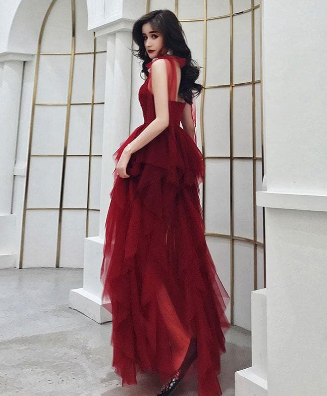 Burgundy Sweetheart Tulle Long Prom Dress, Burgundy Evening Dress
