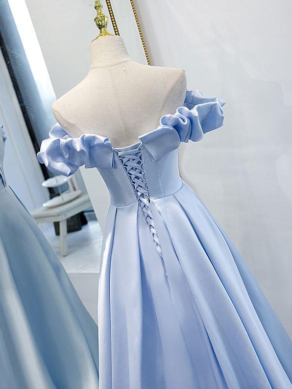 Blue A-line off shoulder long prom dress, formal dresses, blue evening dress