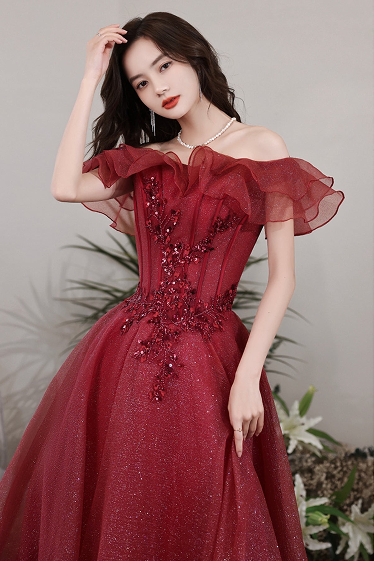 Burgundy Tulle Long A line Prom Dress Evening Dress