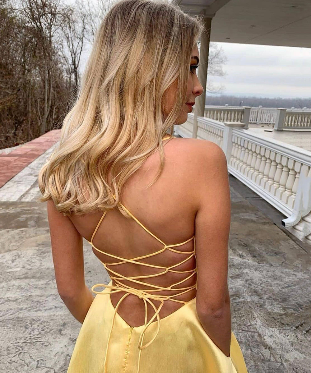 Yellow satin long prom dress yellow evening dress