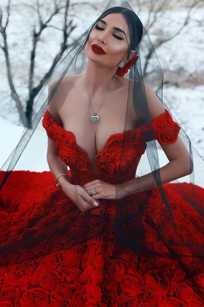 Off-the-Shoulder 3D Floral Printed Ball Gown for Girl Evening Dresses