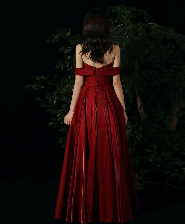 Burgundy round neck beads long prom dress burgundy evening dress