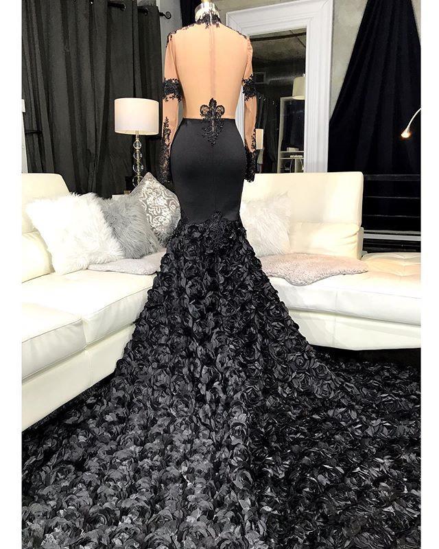 Unique Lace Appliques Flowers High-Neck Prom Dresses Sheer Tulle Fit And Flare Evening Gowns