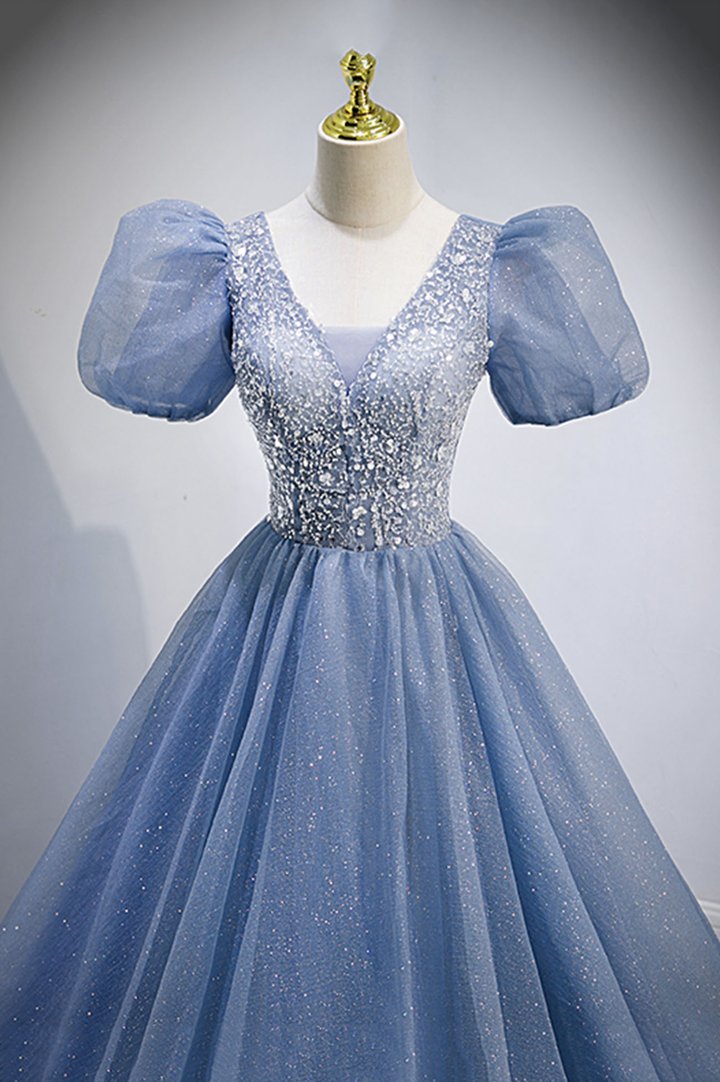Blue v neck tulle beads long prom dress evening dress
