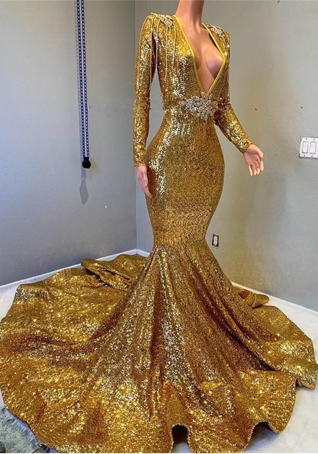 Sexy Mermaid Gold V Neck Backless Long Sleeves Sequence African American Prom Dresses