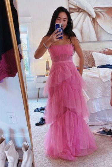 Princess Hot Pink A Line Tulle Long Prom Dress Layered Ruffles Evening Gown