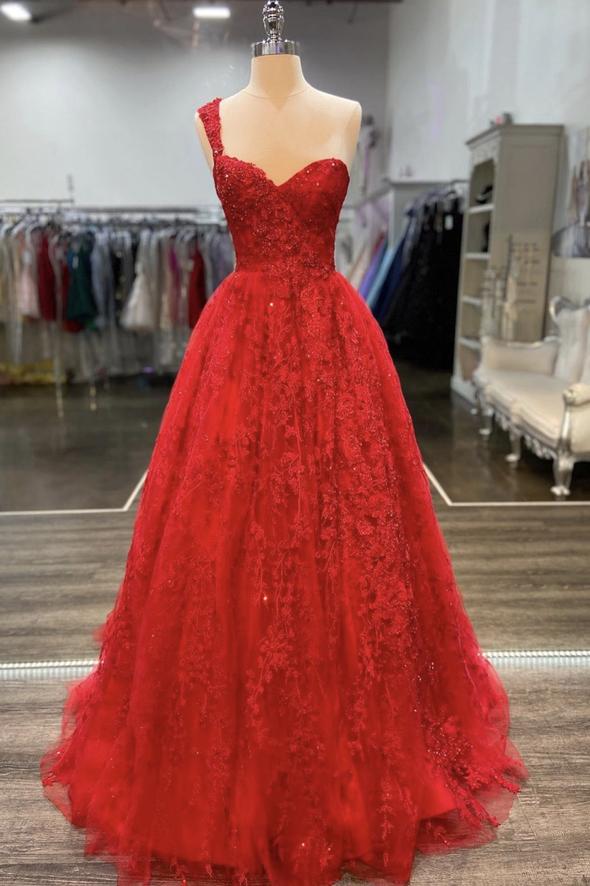 Red tulle lace long prom dress red evening dress