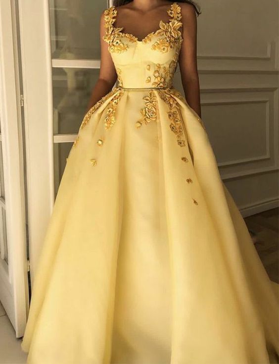 Fabulous Beautiful Straps Evening Dresses Long Yellow Prom Dresses with Appliques