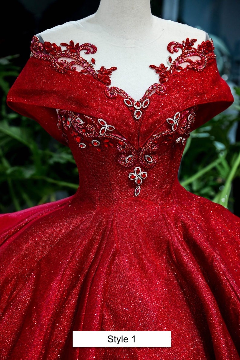 Red Queen style Red Sparkle Ball Gown Wedding Dress With Beadings & Glitter Tulle