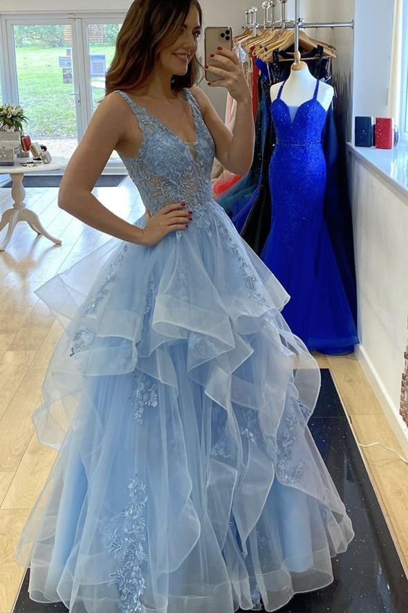 Princess A-Line V Neck Blue Tulle Long Prom Dresses with Appliques