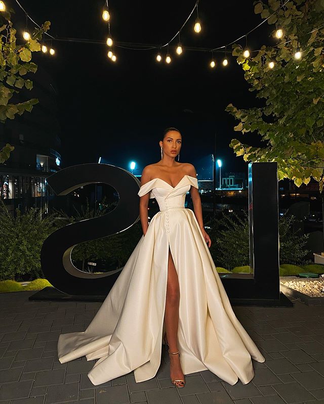 Gorgeous A Line Off the Shoulder White Long Prom/Wedding Dress with Split Front