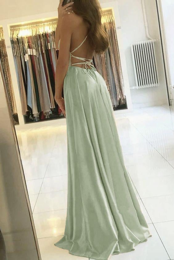 A-Line Spaghetti Straps Front Split Long Prom Dress