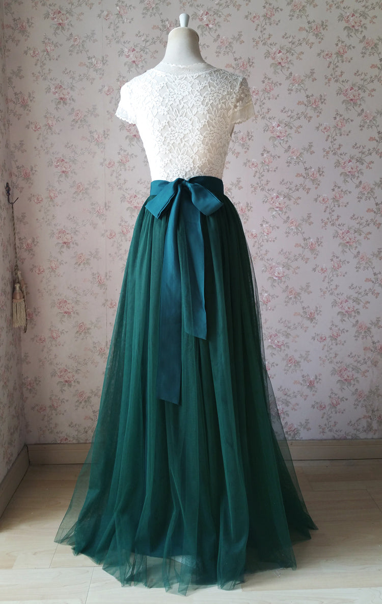 Dark Green Tulle And White Lace Top Prom Dress