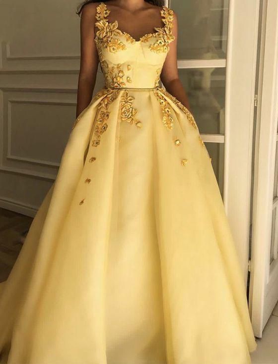 Fabulous Beautiful Straps Evening Dresses Long Yellow Prom Dresses with Appliques