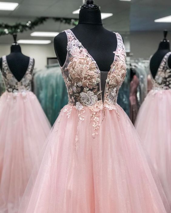 Pink Floral Embroidery V Neck Long Prom Dress