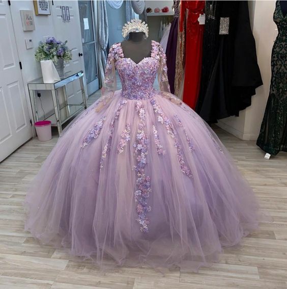 Lavender Lace Tulle Prom Dress