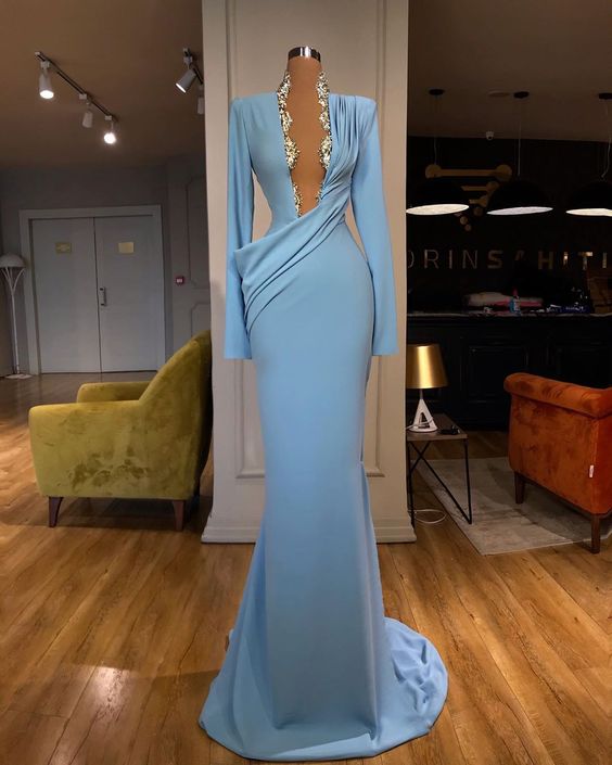 blue evening dress, deep v neck evening dress, lace applique evening dress