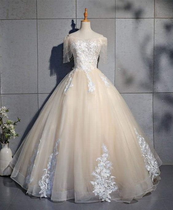 Champagne tulle lace long prom dress, champagne tulle evening dress